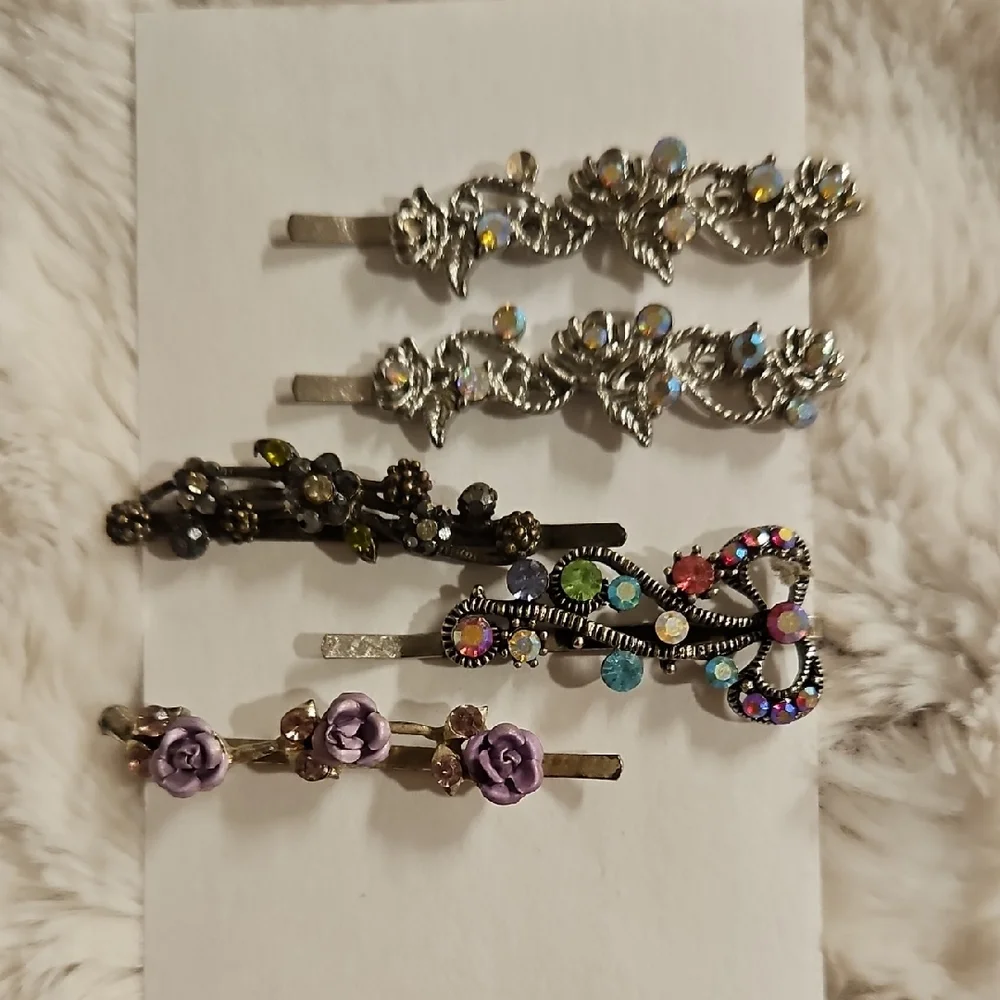 Set of 5 Multicolor Mixed Media Floral Rhinestone hair pins Special Occasion